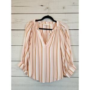 Anthropologie Maeve Womens Pink Stripe Balloon Long Sleeve V-Neck Blouse Size XS